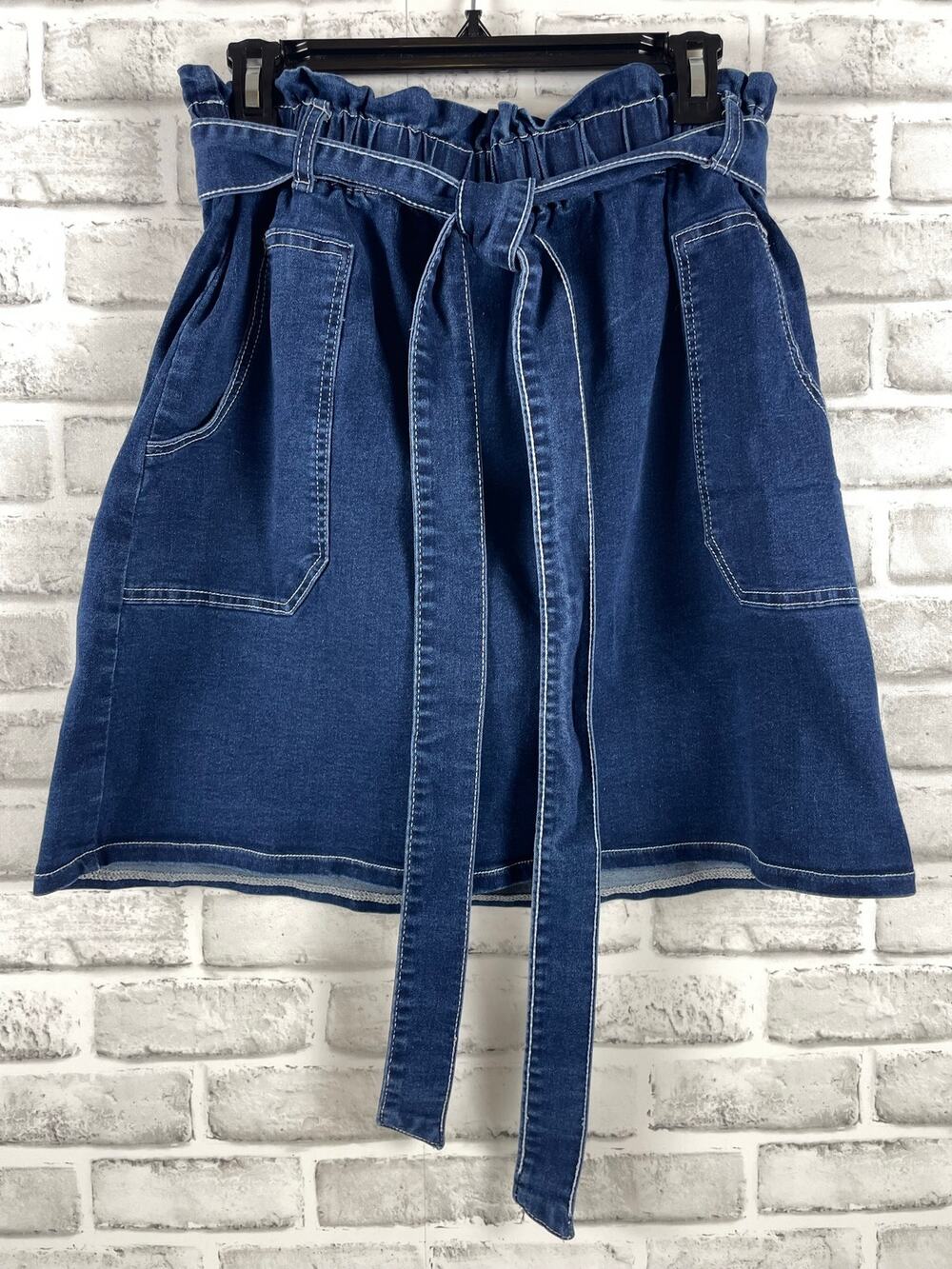 Kancy Kole Blue Paperbag Waist Denim Mini Skirt XL Tie Belt